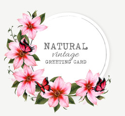 Wall Mural - Natural vintage greeting card with beautiful pink clematis and butterflies. Vector.