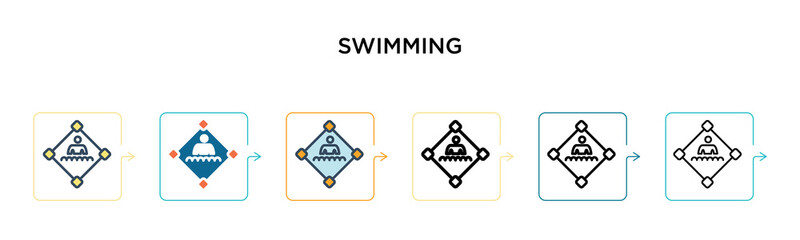 Swimming sign vector icon in 6 different modern styles. Black, two colored swimming sign icons designed in filled, outline, line and stroke style. Vector illustration can be used for web, mobile, ui