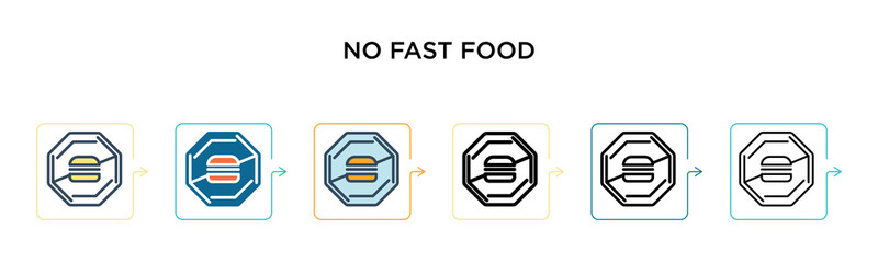 No fast food vector icon in 6 different modern styles. Black, two colored no fast food icons designed in filled, outline, line and stroke style. Vector illustration can be used for web, mobile, ui