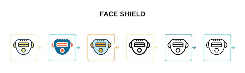 Face shield vector icon in 6 different modern styles. Black, two colored face shield icons designed in filled, outline, line and stroke style. Vector illustration can be used for web, mobile, ui