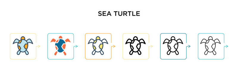 Sea turtle vector icon in 6 different modern styles. Black, two colored sea turtle icons designed in filled, outline, line and stroke style. Vector illustration can be used for web, mobile, ui