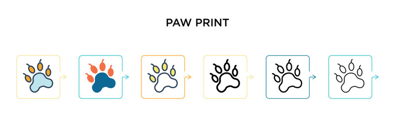 Paw print vector icon in 6 different modern styles. Black, two colored paw print icons designed in filled, outline, line and stroke style. Vector illustration can be used for web, mobile, ui