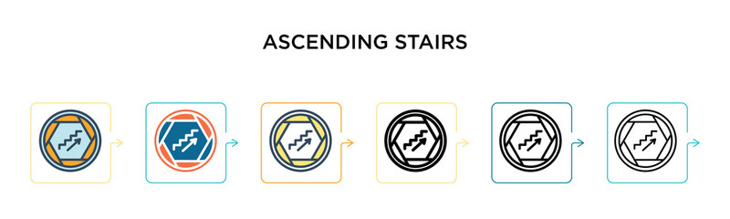 Ascending stairs signal vector icon in 6 different modern styles. Black, two colored ascending stairs signal icons designed in filled, outline, line and stroke style. Vector illustration can be used