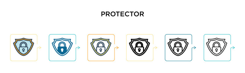 Protector vector icon in 6 different modern styles. Black, two colored protector icons designed in filled, outline, line and stroke style. Vector illustration can be used for web, mobile, ui