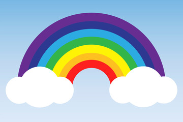 Vector image of a rainbow in the clouds. Cartoon background in a children's style. Designer colorful rain ending symbol. Stock Photo.