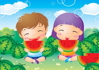 Canvas Print - kids enjoying watermelon