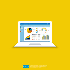 Poster - Web statistics analytic charts on laptop screen icon. Flat vector infographic trend graphs information report concept for planning and accounting, analysis, audit, management, marketing illustration