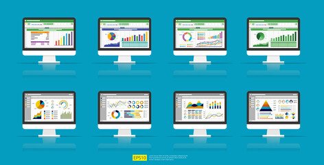 Poster - Web statistics analytic charts on Computer screen icon set. Flat vector infographic and spreadsheet trend graphs report concept for planning, accounting, analysis, audit, management, marketing