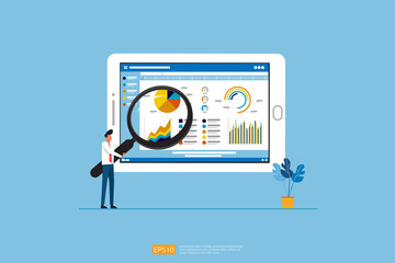 Poster - businessman analysis web statistics charts on Computer screen. Flat vector infographic analytic trend graphs information concept for planning and accounting, audit, data report, marketing illustration