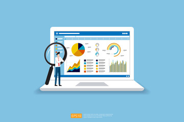 Poster - businessman analysis web statistics charts on Computer screen. Flat vector infographic analytic trend graphs information concept for planning and accounting, audit, data report, marketing illustration