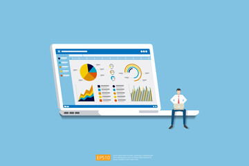 Poster - businessman analysis web statistics charts on Computer screen. Flat vector infographic analytic trend graphs information concept for planning and accounting, audit, data report, marketing illustration