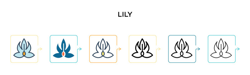 Lily vector icon in 6 different modern styles. Black, two colored lily icons designed in filled, outline, line and stroke style. Vector illustration can be used for web, mobile, ui