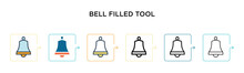 Bell Filled Tool Vector Icon In 6 Different Modern Styles. Black, Two Colored Bell Filled Tool Icons Designed In Filled, Outline, Line And Stroke Style. Vector Illustration Can Be Used For Web,