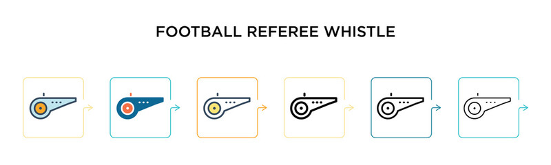 Football referee whistle vector icon in 6 different modern styles. Black, two colored football referee whistle icons designed in filled, outline, line and stroke style. Vector illustration can be used