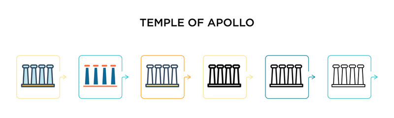 Temple of apollo vector icon in 6 different modern styles. Black, two colored temple of apollo icons designed in filled, outline, line and stroke style. Vector illustration can be used for web,