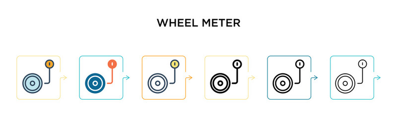 Wheel meter vector icon in 6 different modern styles. Black, two colored wheel meter icons designed in filled, outline, line and stroke style. Vector illustration can be used for web, mobile, ui