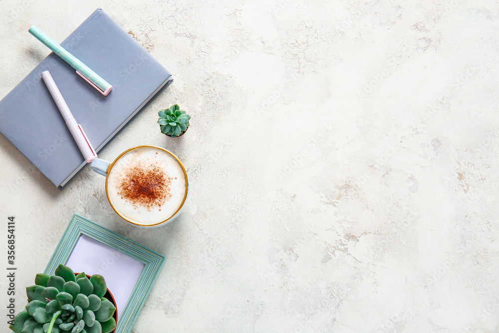 Flat lay composition with cup of coffee on white background