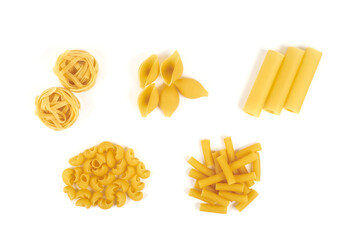 Wall Mural - Collection of italian pasta portion isolated on white background.