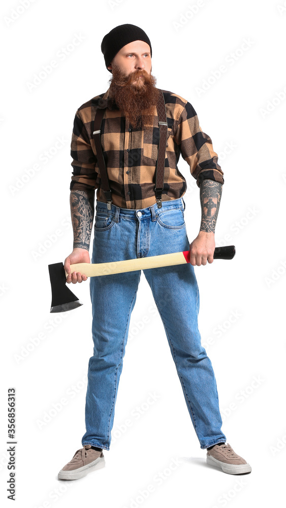 Handsome lumberjack on white background
