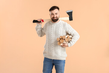 Sticker - Handsome lumberjack on color background