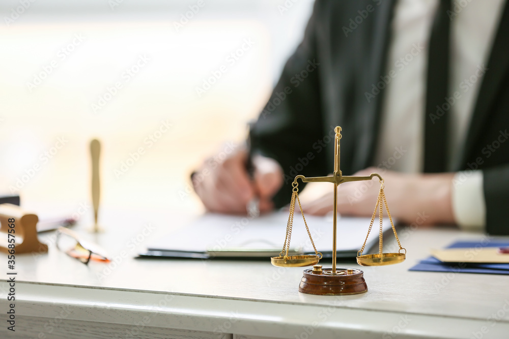 Scales of justice at workplace of notary public - obrazy, fototapety, plakaty 