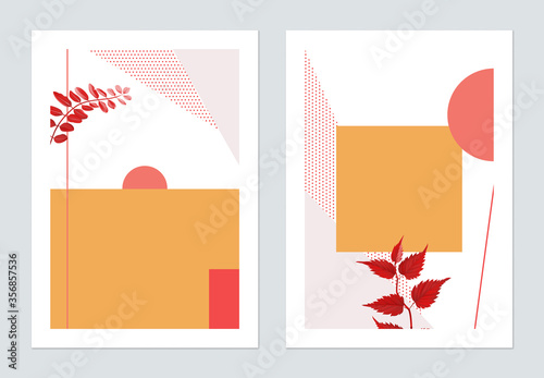 Minimalist botanical poster template design, plants and symmetry shapes, red ...