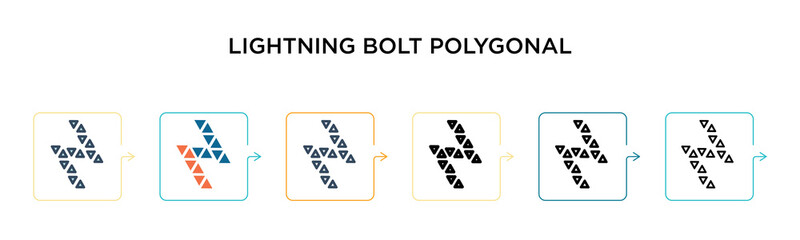 Lightning bolt polygonal vector icon in 6 different modern styles. Black, two colored lightning bolt polygonal icons designed in filled, outline, line and stroke style. Vector illustration can be used