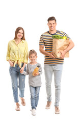 Wall Mural - Family with food in bag on white background