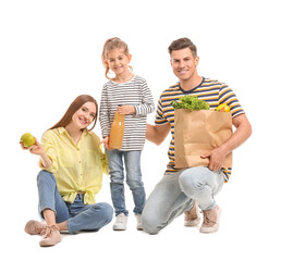 Wall Mural - Family with food in bag on white background