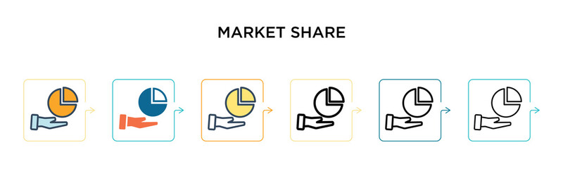 Market share vector icon in 6 different modern styles. Black, two colored market share icons designed in filled, outline, line and stroke style. Vector illustration can be used for web, mobile, ui