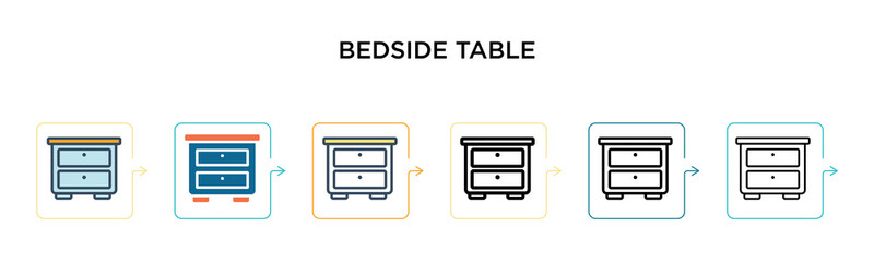 Bedside table vector icon in 6 different modern styles. Black, two colored bedside table icons designed in filled, outline, line and stroke style. Vector illustration can be used for web, mobile, ui