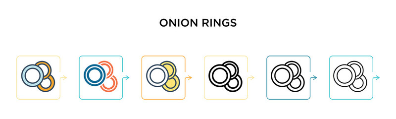 Onion rings vector icon in 6 different modern styles. Black, two colored onion rings icons designed in filled, outline, line and stroke style. Vector illustration can be used for web, mobile, ui