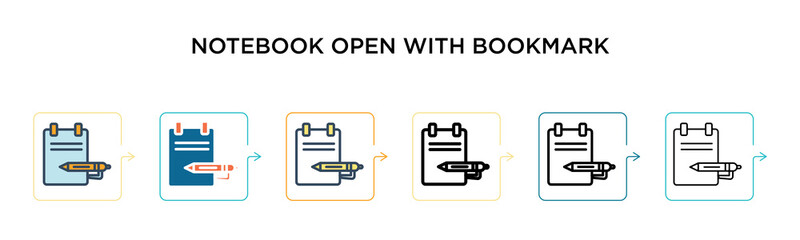 Notebook open with bookmark vector icon in 6 different modern styles. Black, two colored notebook open with bookmark icons designed in filled, outline, line and stroke style. Vector illustration can