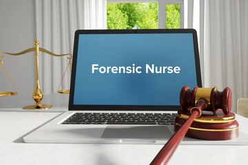 Forensic Nurse – law, jurisdiction. A lawyer laptop in the office on desk. Text on the screen. Libra and hammer