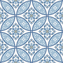 Wall Mural - Majolica pottery tile, blue and white azulejo, original traditional Portuguese and Spain decor. Seamless patchwork tile with Victorian motives. Vector illustration.