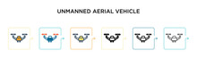 Unmanned Aerial Vehicle Vector Icon In 6 Different Modern Styles. Black, Two Colored Unmanned Aerial Vehicle Icons Designed In Filled, Outline, Line And Stroke Style. Vector Illustration Can Be Used