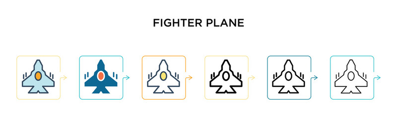 Wall Mural - Fighter plane vector icon in 6 different modern styles. Black, two colored fighter plane icons designed in filled, outline, line and stroke style. Vector illustration can be used for web, mobile, ui