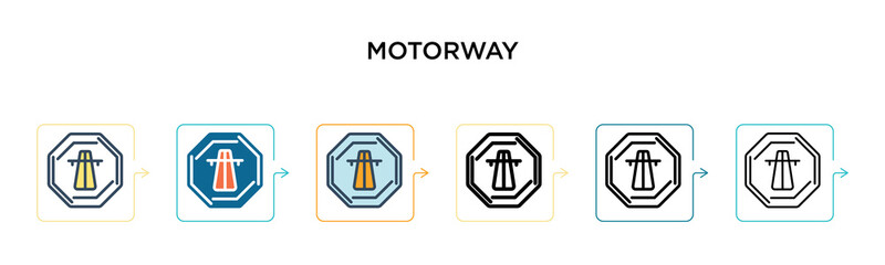 Poster - Motorway sign vector icon in 6 different modern styles. Black, two colored motorway sign icons designed in filled, outline, line and stroke style. Vector illustration can be used for web, mobile, ui