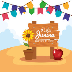 Poster - festa junina with wooden sign and decoration, brazil june festival vector illustration design