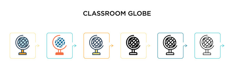 Wall Mural - Classroom globe vector icon in 6 different modern styles. Black, two colored classroom globe icons designed in filled, outline, line and stroke style. Vector illustration can be used for web, mobile,