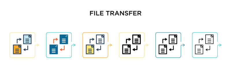 File transfer vector icon in 6 different modern styles. Black, two colored file transfer icons designed in filled, outline, line and stroke style. Vector illustration can be used for web, mobile, ui