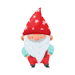 Wall Mural - Fantastic Gnome Character with White Beard and Red Pointed Hat Standing with Hands on Hips Vector Illustration