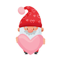 Sticker - Fantastic Gnome Character with White Beard and Red Pointed Hat Holding Heart Vector Illustration