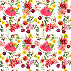 Canvas Print - Summer blooming flowers, fruits, berries, wild grass. Seamless food pattern. Watercolour