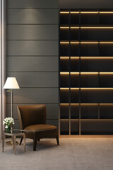 Wall Mural - Modern luxury living room with indirect light book shelf and cozy brown leather seat corner  - 3D rendering