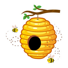Yellow Honey Hive With Cute Bees Hanging On A Tree Branch Vector Image. Cartoon Illustration Isolated On White Background