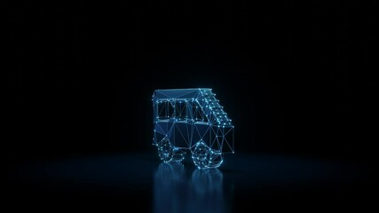 Poster - 3d rendering seamless loop 4k rotation wireframe neon glowing symbol of side view  of a bus with shining dots on black background with blured reflection on floor