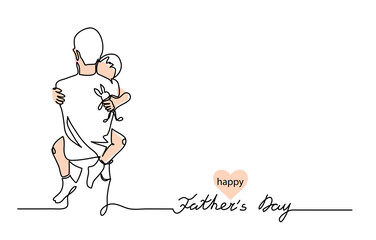 Wall Mural - Hugs of a father with a child. One continuous line drawing banner, background, poster with family embrace. Happy Father Day simple vector illustration of child and father.