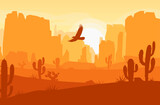 Fototapeta Konie - Vector desert landscape with mountains, cactus and eagle in the sky. Wild West Texas in flat cartoon style. Silhouette vector illustration.