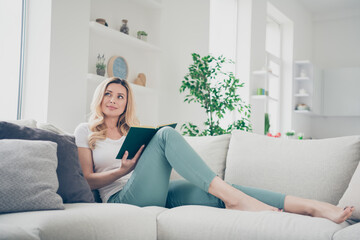 Sticker - Profile photo of domestic house wife lady relaxing lying comfy couch stay home quarantine time reading book dreamer imagine herself main hero character living room indoors